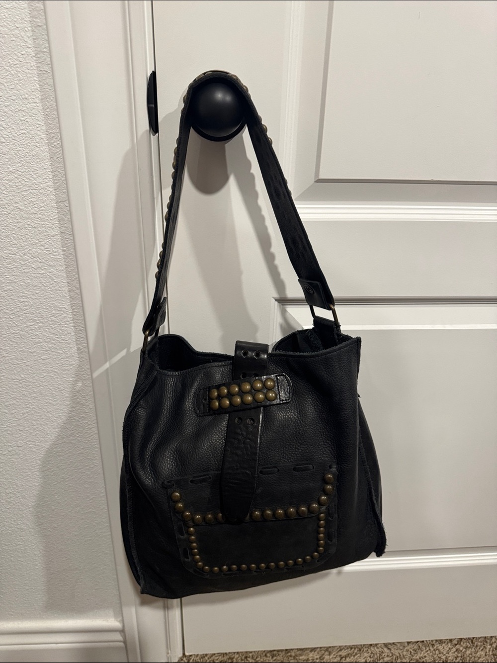 Two Bar West Black Studded Leather Shoulder Bag - Women